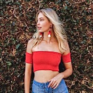 Red Smocked Off-the-shoulder Crop Top